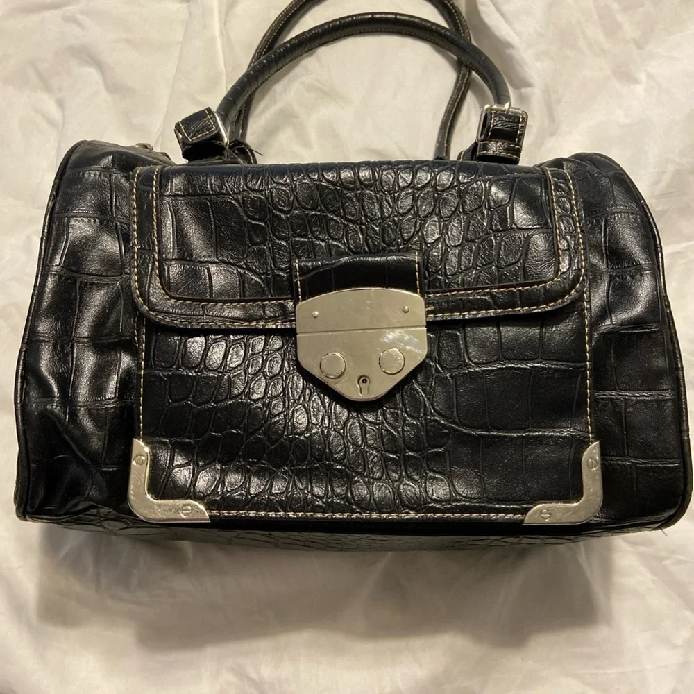 Elegant Black Crocodile-Embossed Handbag